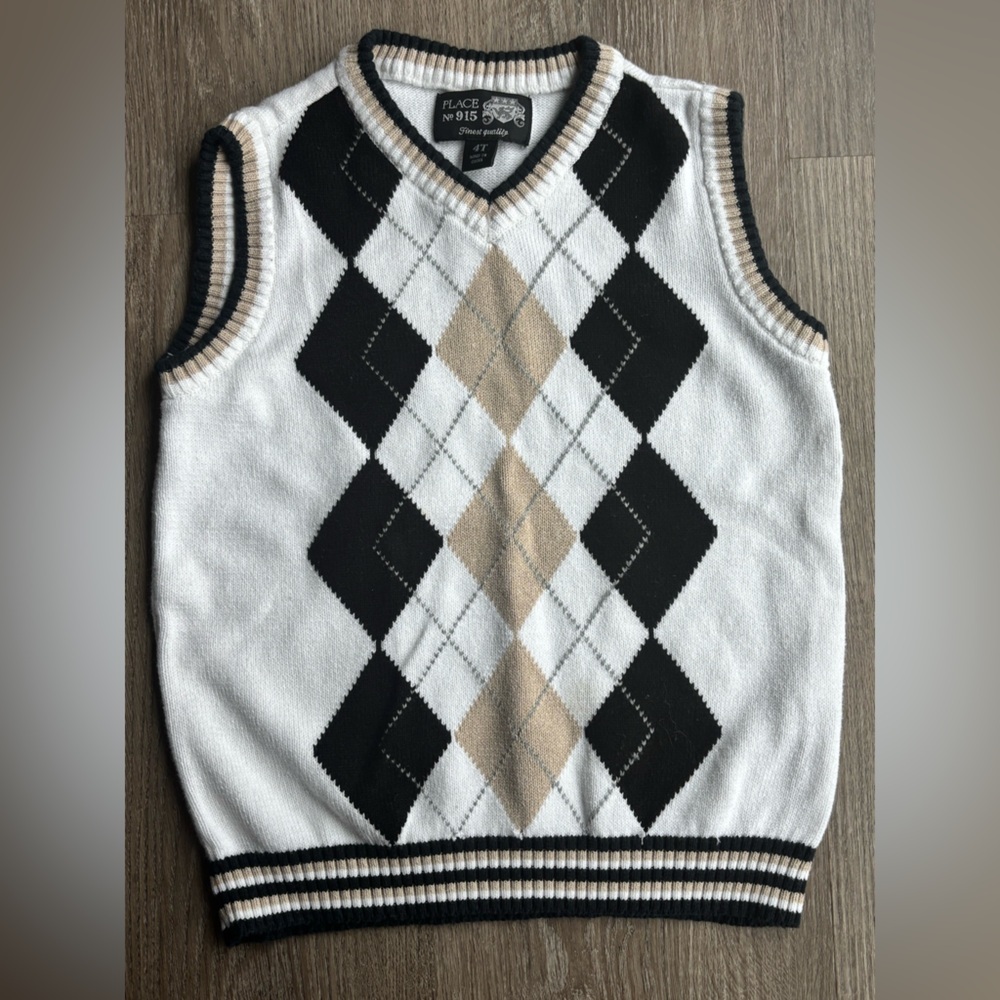 Boys Argyle Sweater Vest 4T Place V-Neck Black, White, Tan